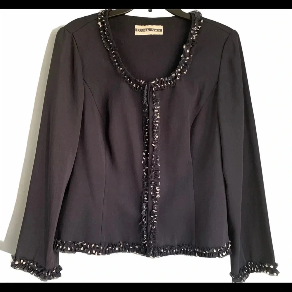 Dana Kay Polka Dot Ruffle Trim Buttoned Blazer